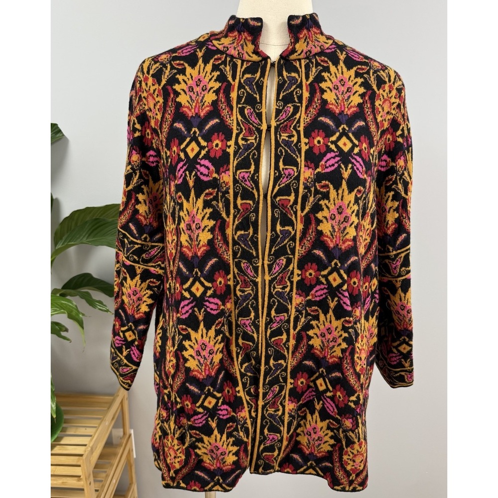 Coldwater Creek Kashmiri Sweater Jacket Women's 2X Heavyweight Boho Black Floral
